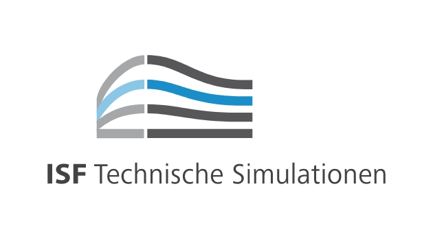 Logo von ISF Technische Simulationen mit stilisierten Linien in Grau und Blau, die an Luftströmungen erinnern.