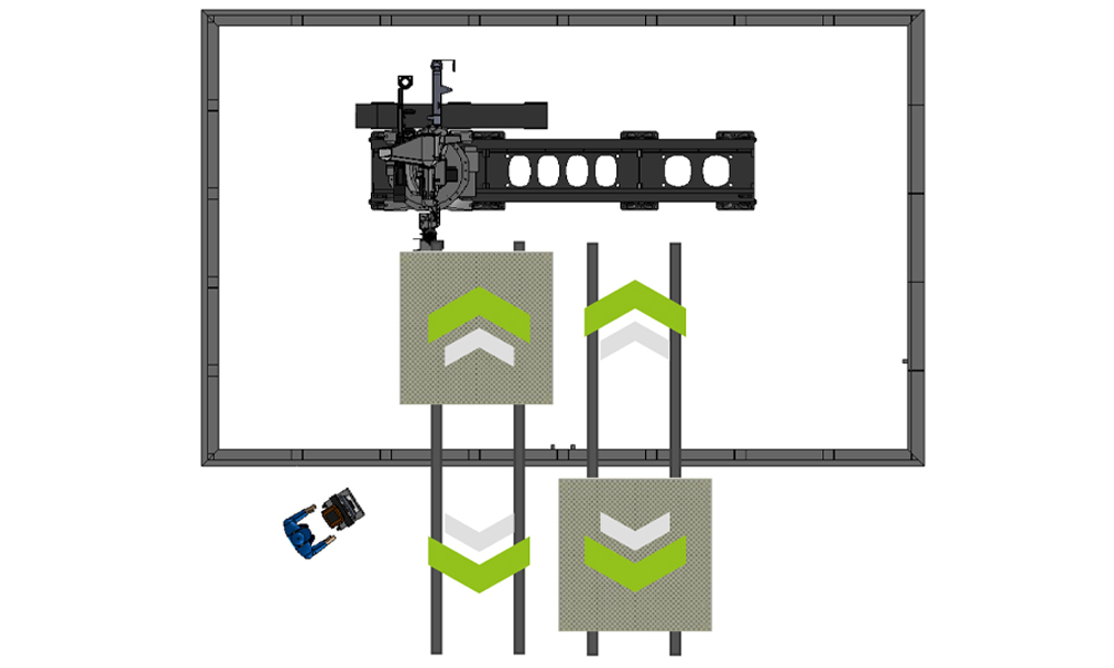 Draufsicht eines Mechanismus mit zwei parallel ausgerichteten grünen Plattformen und einem Montagegerät in einem rechteckigen Rahmen auf weißem Hintergrund.