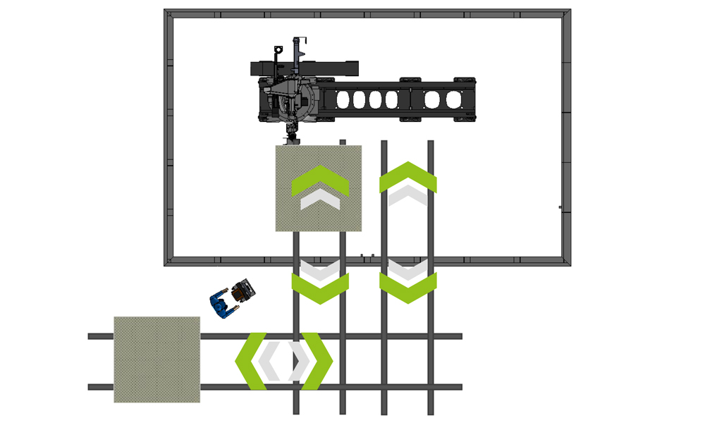 Schema einer schematischen Anordnung mit einem zentralen schwarzen Balken und mehreren grauen Plattformen, die durch grüne und weiße Pfeile markiert sind und auf einem grauen Gittermuster positioniert sind.