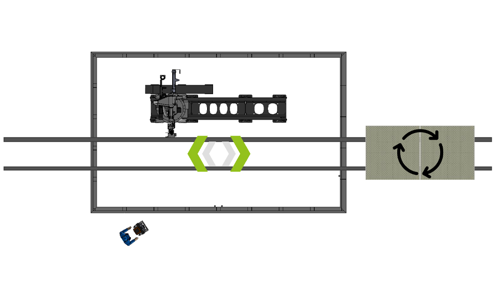 Schematische Darstellung eines Schienenabschnitts mit einem T-förmigen Modul in der Mitte. Zwei parallele Linien symbolisieren die Schienen. Ein Drehpfeil-Icon befindet sich rechts neben dem Modul auf einem rechteckigen Bereich. Ein kleines blau-schwarzes Objekt ist in der linken unteren Ecke sichtbar.