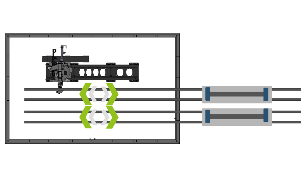 Schematische Darstellung einer mechanischen Vorrichtung mit einem Roboterarm links, der entlang horizontaler Linien arbeitet, die sich mittig kreuzen und von grünen Pfeilen umgeben sind, mit zwei parallelen rechteckigen Strukturen auf der rechten Seite.