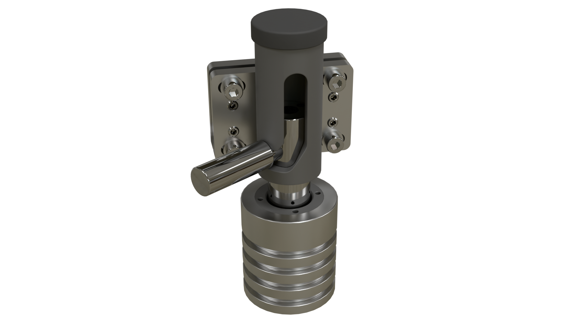 Ein metallisches mechanisches Teil mit mehreren Zylindern und Schrauben in einem technischen Design.