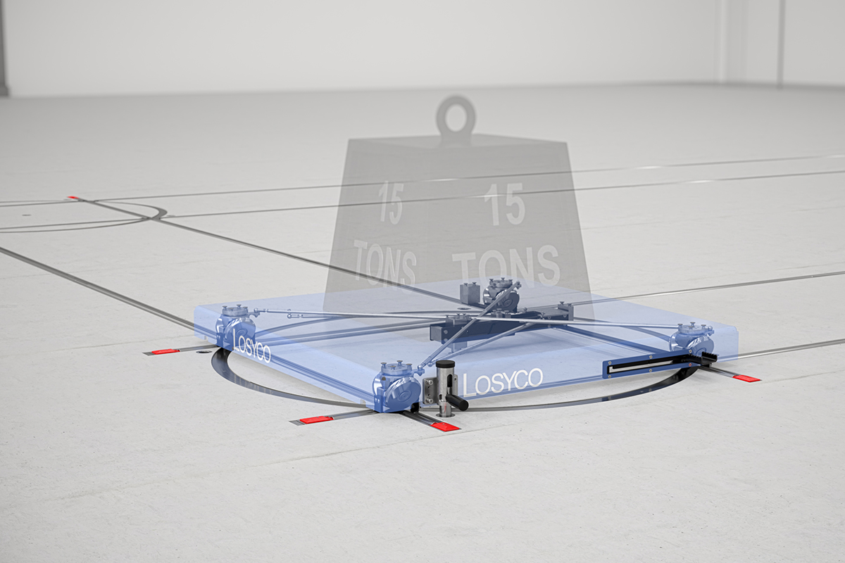 Ein industrielles Transportsystem von LOSYCO, das auf einer kreisförmigen Schiene fährt und für den Transport von Lasten bis zu 15 Tonnen geeignet ist.