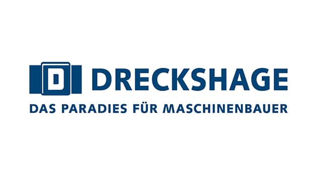 Logo der Firma DRECKSHAGE mit dem Slogan 'Das Paradies für Maschinenbauer', gestaltet in blauer Schrift vor einem weißen Hintergrund.