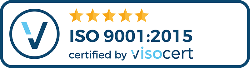 ISO 9001:2015 Zertifikat mit dem Logo von Visocert und fünf goldenen Sternen.