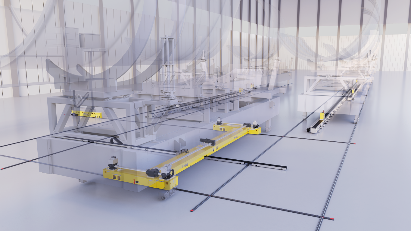 Eine industrielle Anlage mit einer langen gelben Führungsschiene und mehreren transparenten Maschinen in einer modernen Fabrikumgebung.