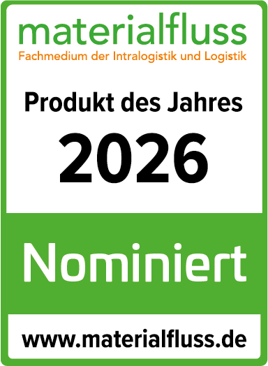 Logo von materialfluss mit Text: Produkt des Jahres 2026, Nominiert, www.materialfluss.de.