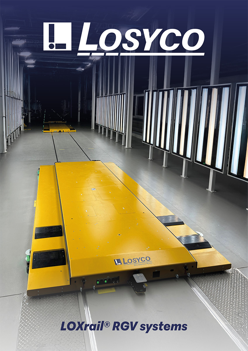Gelbes Transportsystem auf Schienen in einer Lagerhalle, umgeben von Leuchten und dem Markenlogo "Losyco".