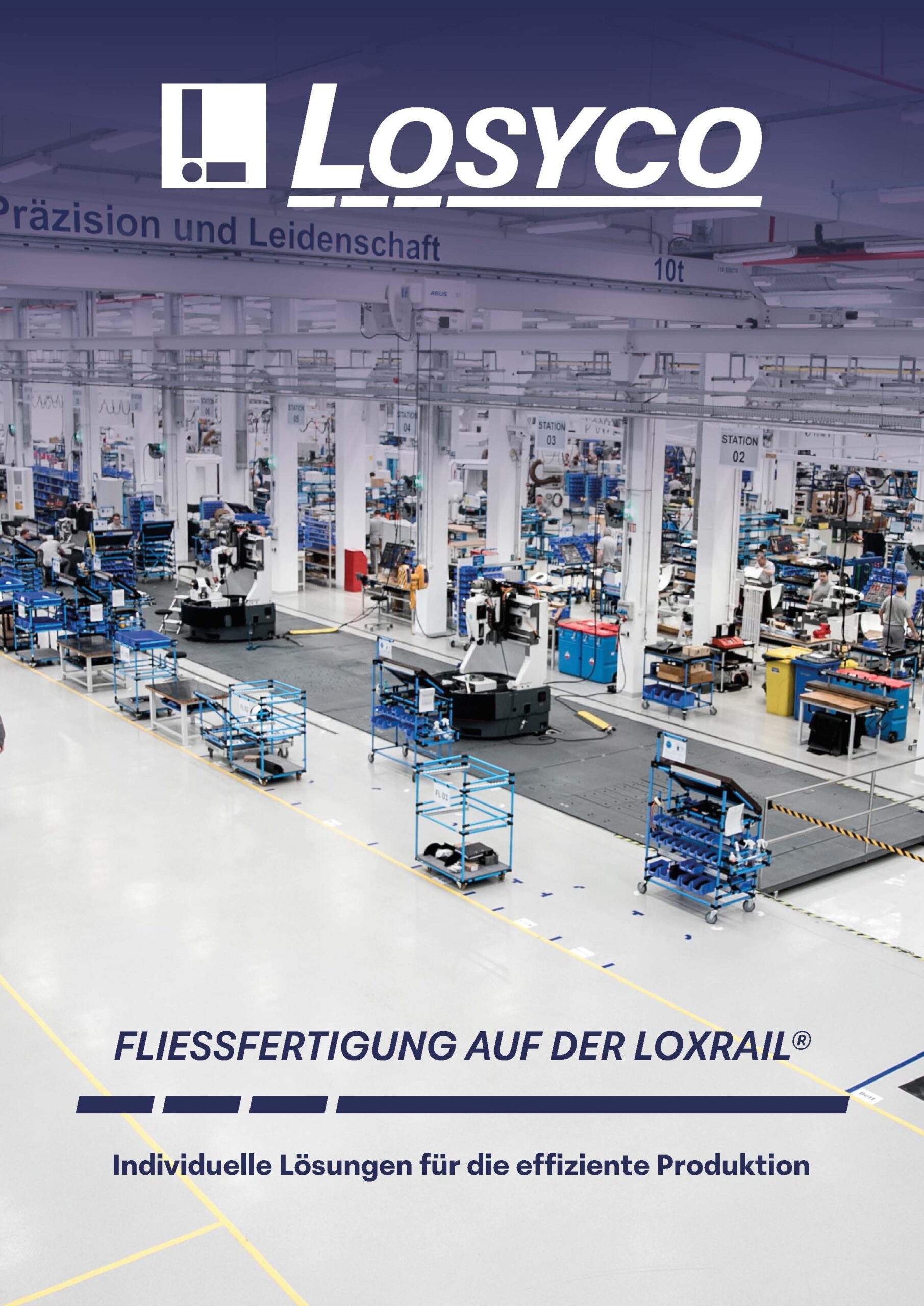 Produktionshalle mit mehreren Arbeitsplätzen und Maschinen, darüber der Text "Fließfertigung auf der LOXrail®".