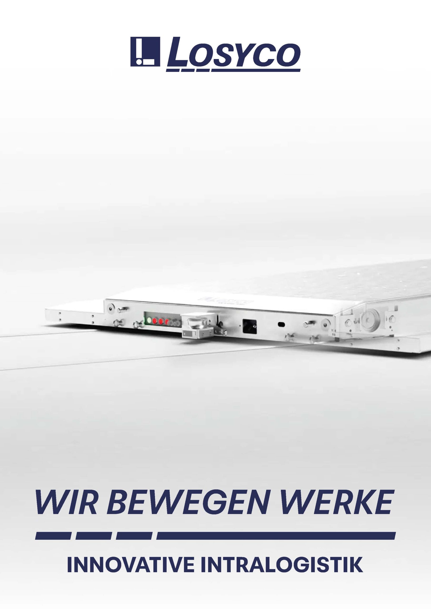Flaches Fördergerät auf hellem Hintergrund mit dem Logo "Losyco" und dem Slogan "Wir bewegen Werke, Innovative Intralogistik".